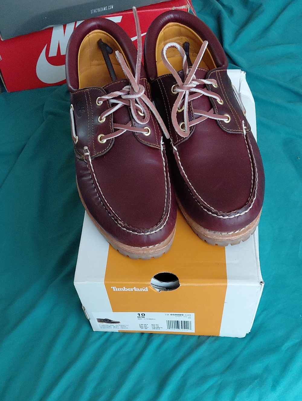Timberland Men’s Burgundy Leather Boat Shoes with Tan Soles